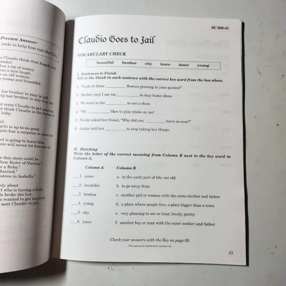 William Shakespeare Measure for Measure Workbook Reading Old World Literature